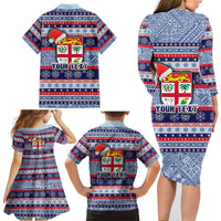 Custom Fiji Christmas Family Matching Long Sleeve Bodycon Dress and Hawaiian Shirt Fijian Santa and Coat of Arms Mix Tapa Pattern Striped Style LT03 - Polynesian Pride
