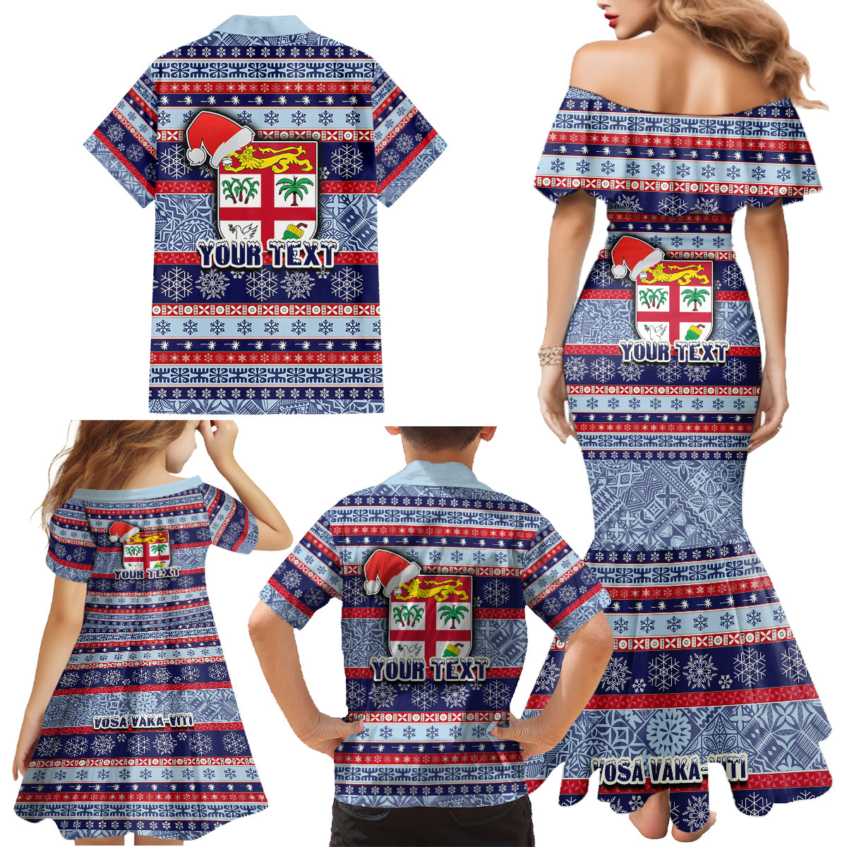 Custom Fiji Christmas Family Matching Mermaid Dress and Hawaiian Shirt Fijian Santa and Coat of Arms Mix Tapa Pattern Striped Style LT03 - Polynesian Pride