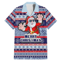 Custom Fiji Christmas Family Matching Mermaid Dress and Hawaiian Shirt Fijian Santa and Coat of Arms Mix Tapa Pattern Striped Style LT03 Dad's Shirt - Short Sleeve Blue - Polynesian Pride
