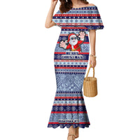 Custom Fiji Christmas Family Matching Mermaid Dress and Hawaiian Shirt Fijian Santa and Coat of Arms Mix Tapa Pattern Striped Style LT03 Mom's Dress Blue - Polynesian Pride