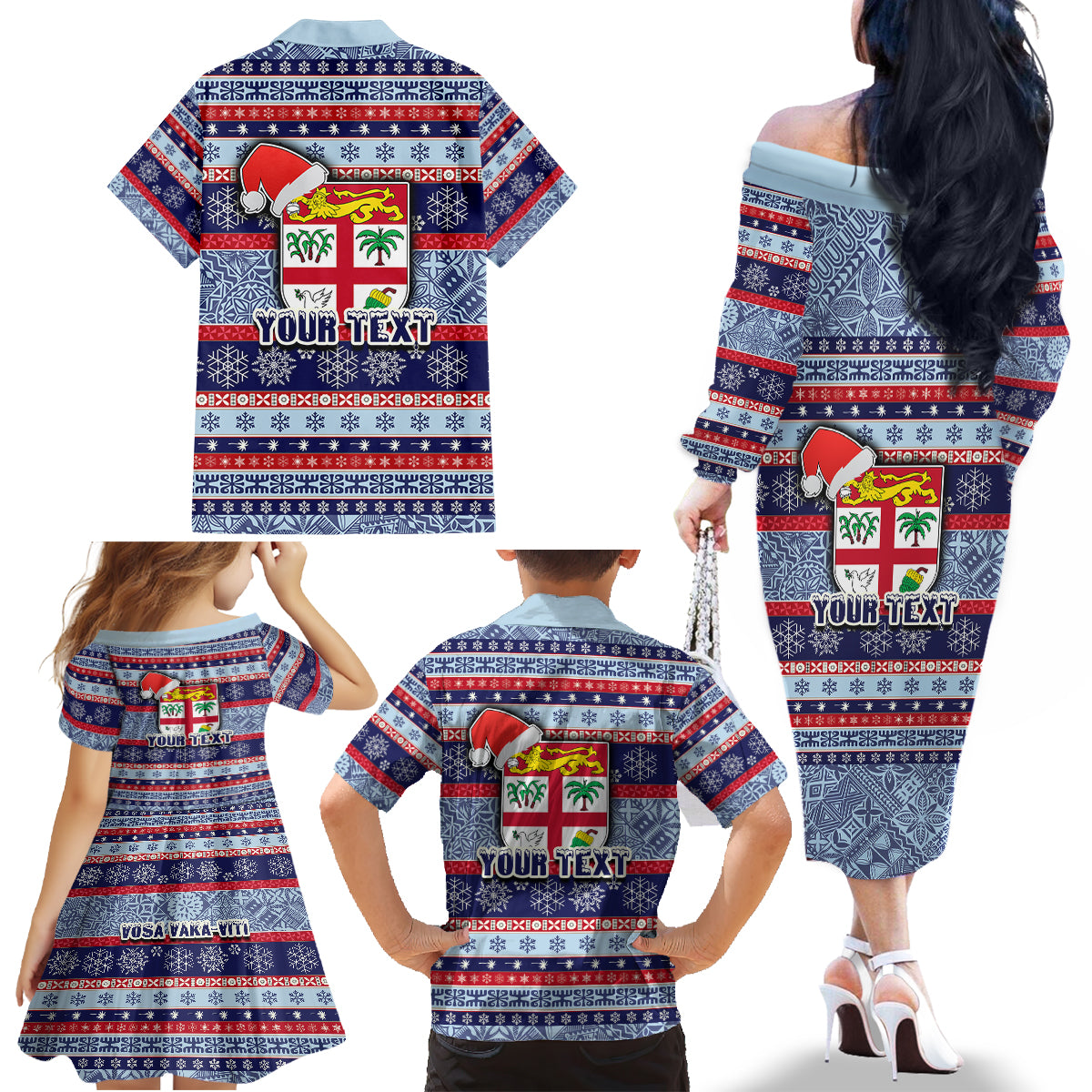 Custom Fiji Christmas Family Matching Off Shoulder Long Sleeve Dress and Hawaiian Shirt Fijian Santa and Coat of Arms Mix Tapa Pattern Striped Style LT03 - Polynesian Pride
