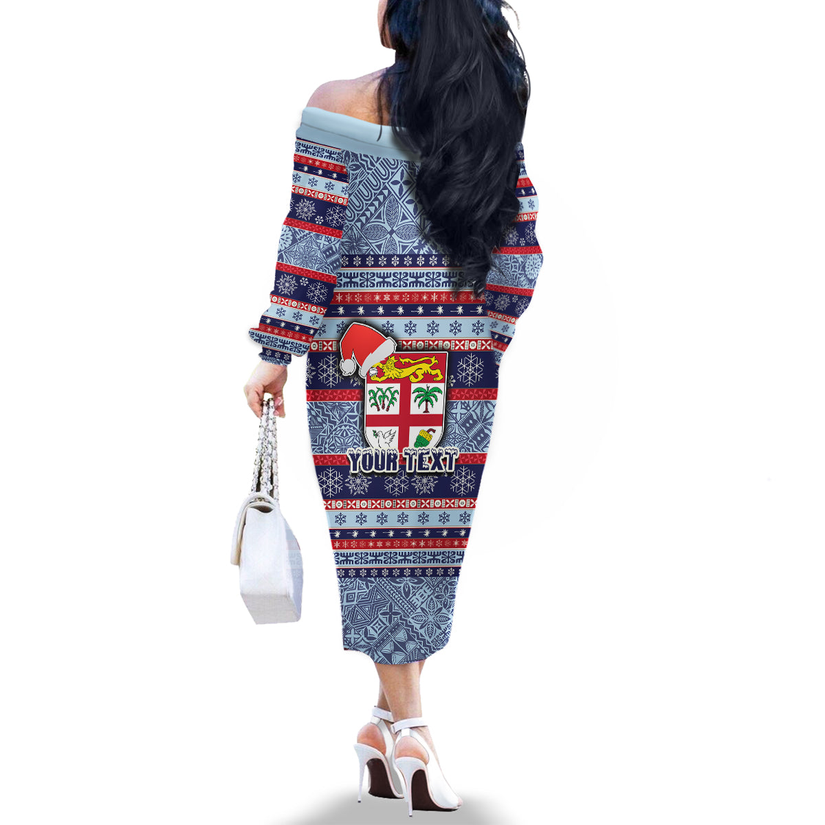 Custom Fiji Christmas Family Matching Off Shoulder Long Sleeve Dress and Hawaiian Shirt Fijian Santa and Coat of Arms Mix Tapa Pattern Striped Style LT03 - Polynesian Pride