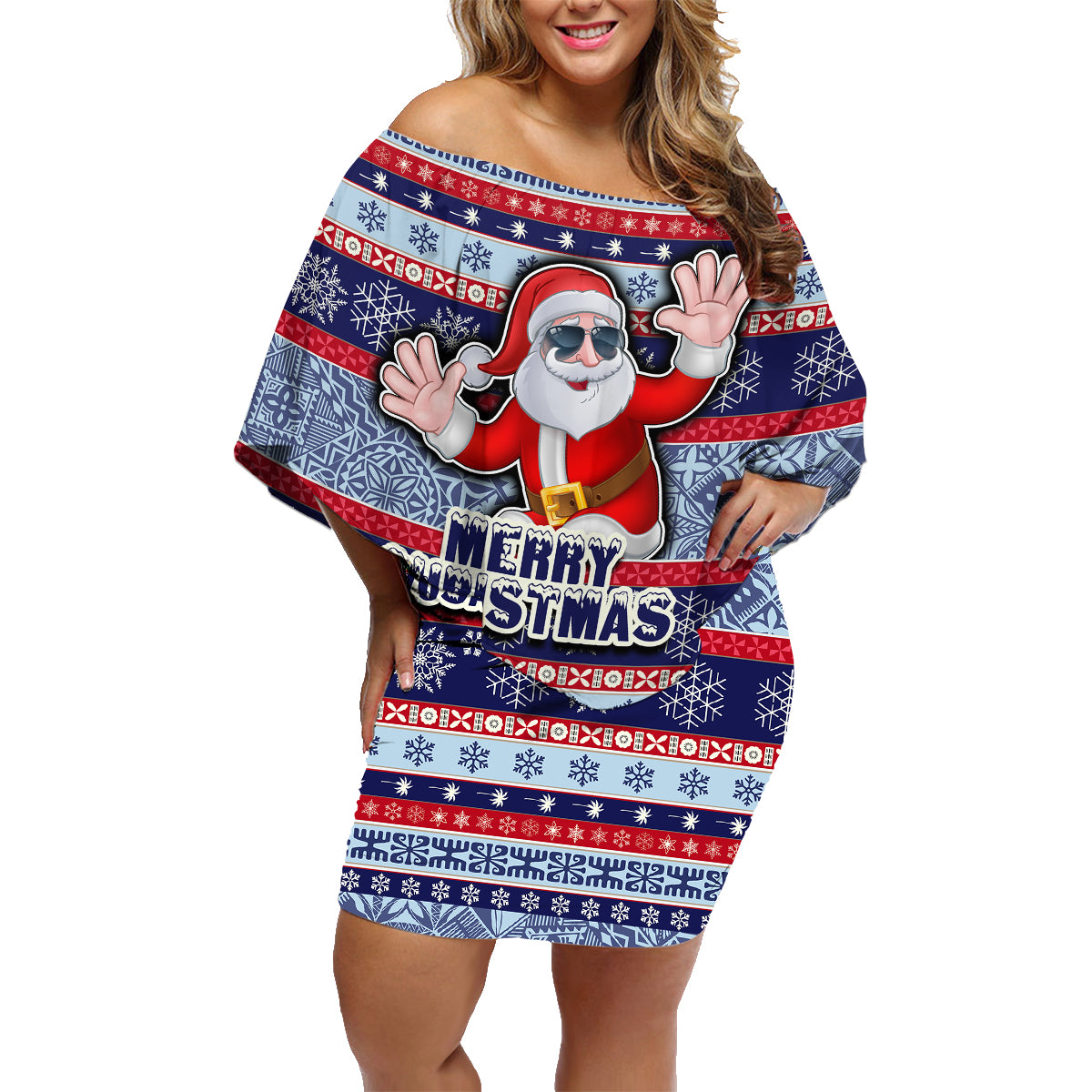 Custom Fiji Christmas Family Matching Off Shoulder Short Dress and Hawaiian Shirt Fijian Santa and Coat of Arms Mix Tapa Pattern Striped Style LT03 Mom's Dress Blue - Polynesian Pride