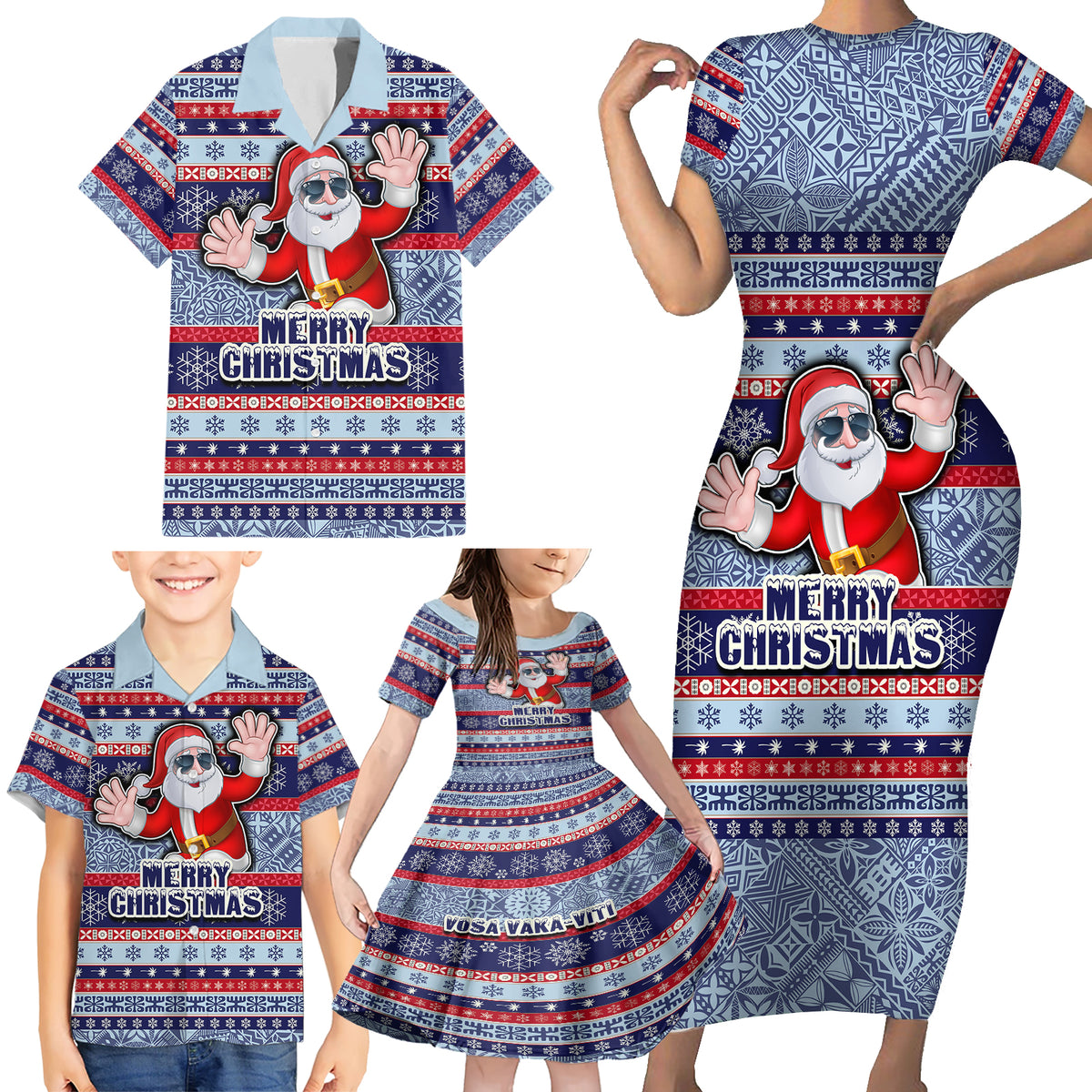 Custom Fiji Christmas Family Matching Short Sleeve Bodycon Dress and Hawaiian Shirt Fijian Santa and Coat of Arms Mix Tapa Pattern Striped Style LT03 - Polynesian Pride