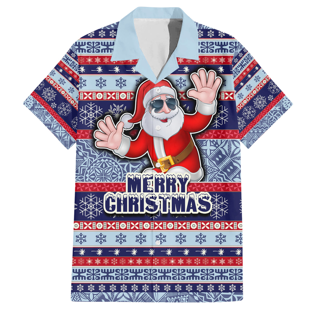 Custom Fiji Christmas Family Matching Short Sleeve Bodycon Dress and Hawaiian Shirt Fijian Santa and Coat of Arms Mix Tapa Pattern Striped Style LT03 Dad's Shirt - Short Sleeve Blue - Polynesian Pride