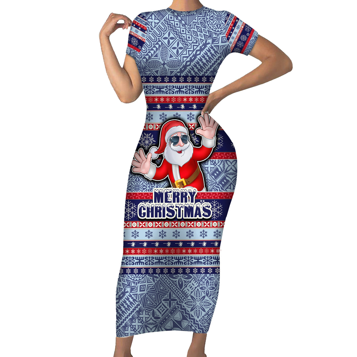 Custom Fiji Christmas Family Matching Short Sleeve Bodycon Dress and Hawaiian Shirt Fijian Santa and Coat of Arms Mix Tapa Pattern Striped Style LT03 Mom's Dress Blue - Polynesian Pride