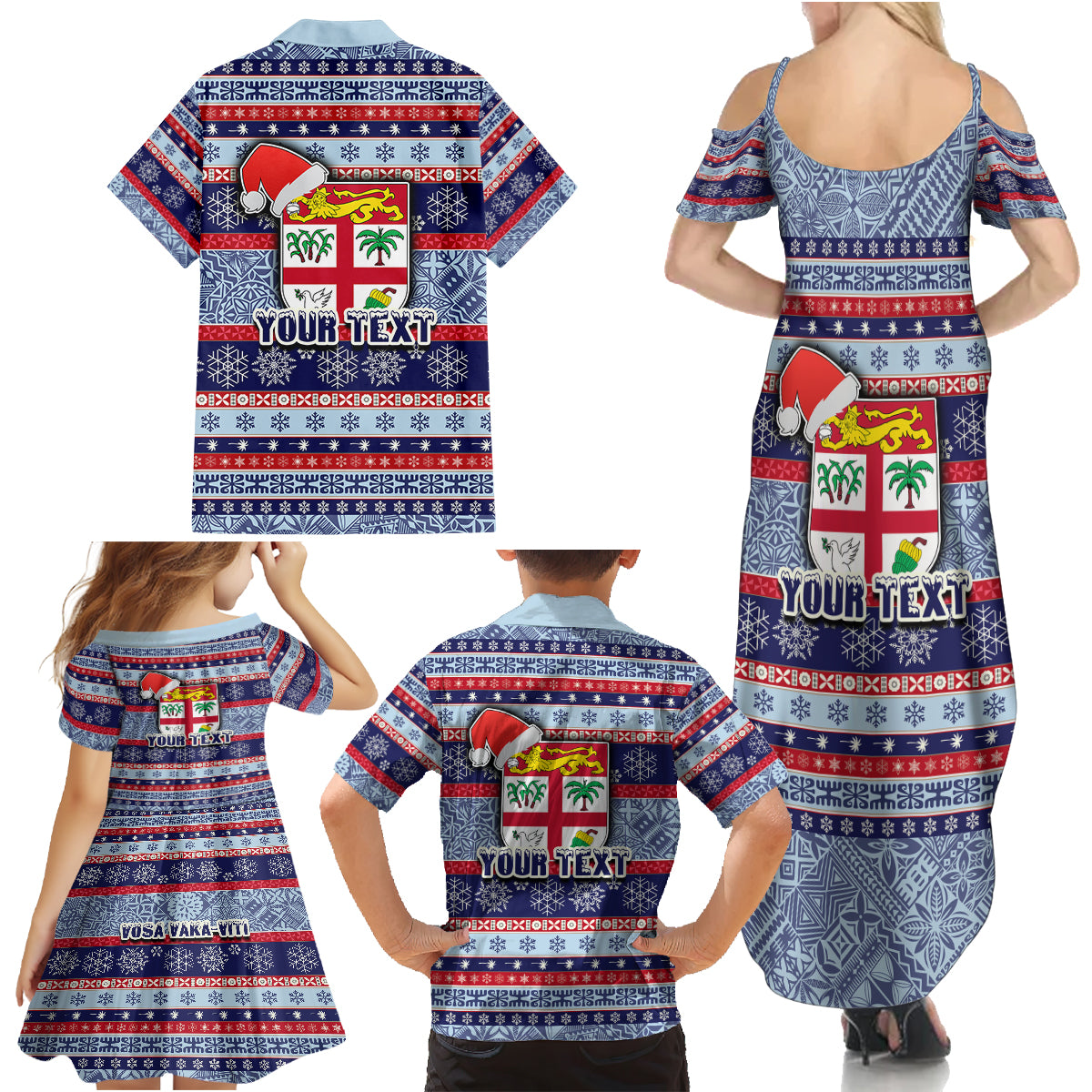 Custom Fiji Christmas Family Matching Summer Maxi Dress and Hawaiian Shirt Fijian Santa and Coat of Arms Mix Tapa Pattern Striped Style LT03 - Polynesian Pride