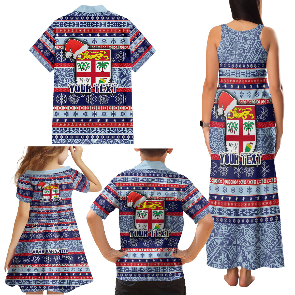 Custom Fiji Christmas Family Matching Tank Maxi Dress and Hawaiian Shirt Fijian Santa and Coat of Arms Mix Tapa Pattern Striped Style LT03 - Polynesian Pride
