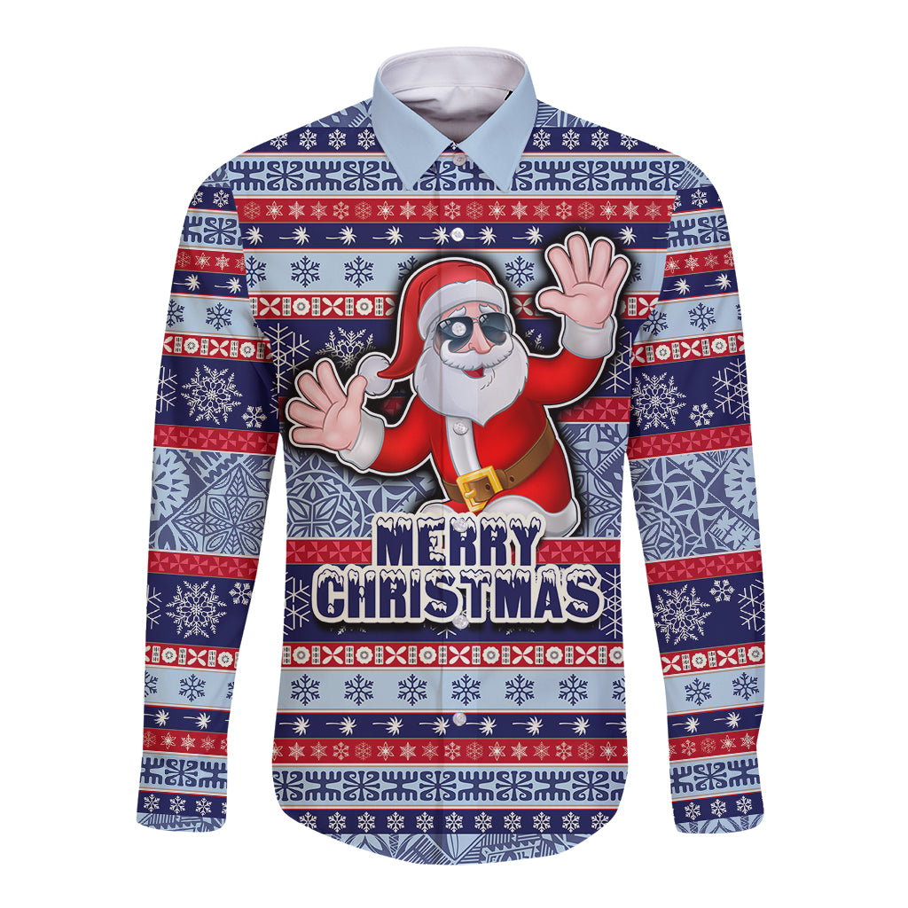 Custom Fiji Christmas Long Sleeve Button Shirt Fijian Santa and Coat of Arms Mix Tapa Pattern Striped Style LT03 Unisex Blue - Polynesian Pride