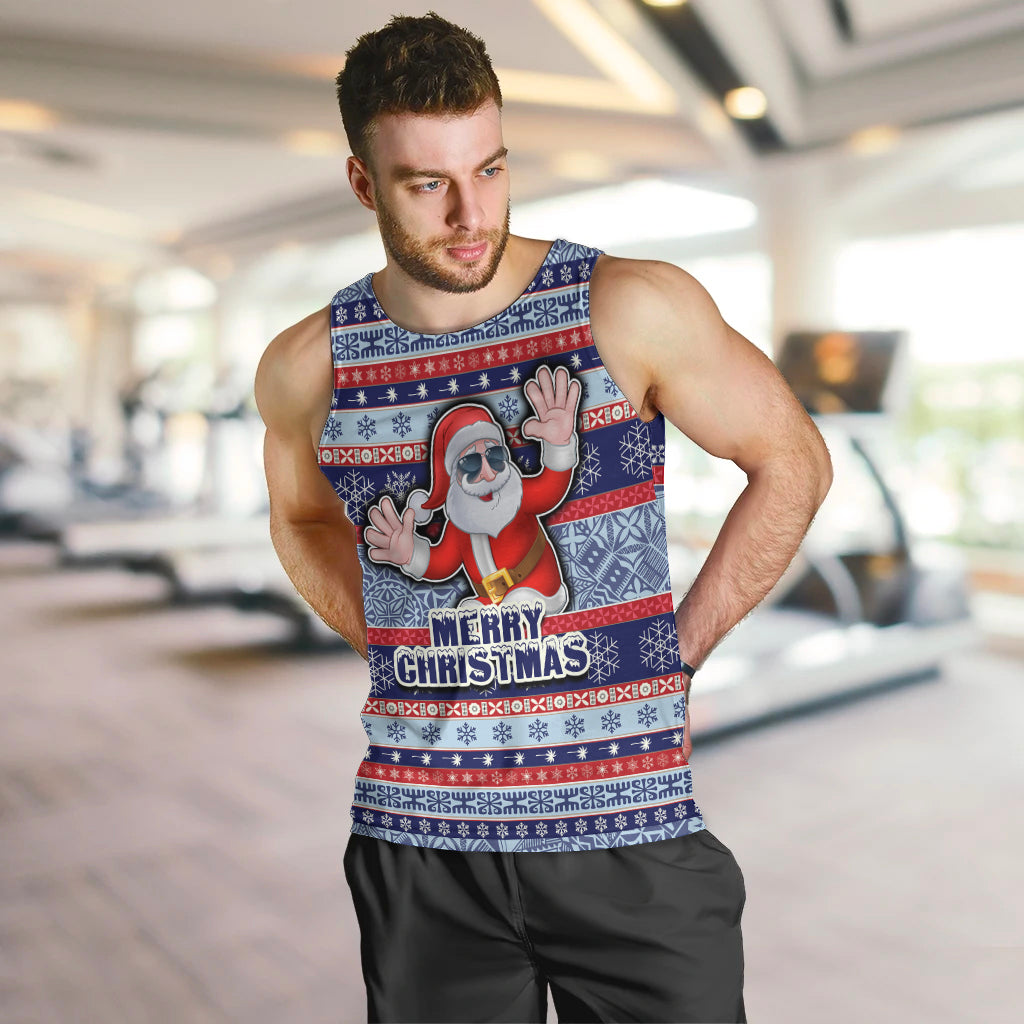 Custom Fiji Christmas Men Tank Top Fijian Santa and Coat of Arms Mix Tapa Pattern Striped Style LT03 - Polynesian Pride