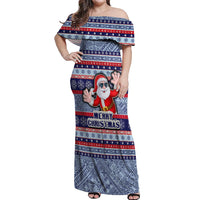 Custom Fiji Christmas Off Shoulder Maxi Dress Fijian Santa and Coat of Arms Mix Tapa Pattern Striped Style LT03 Women Blue - Polynesian Pride