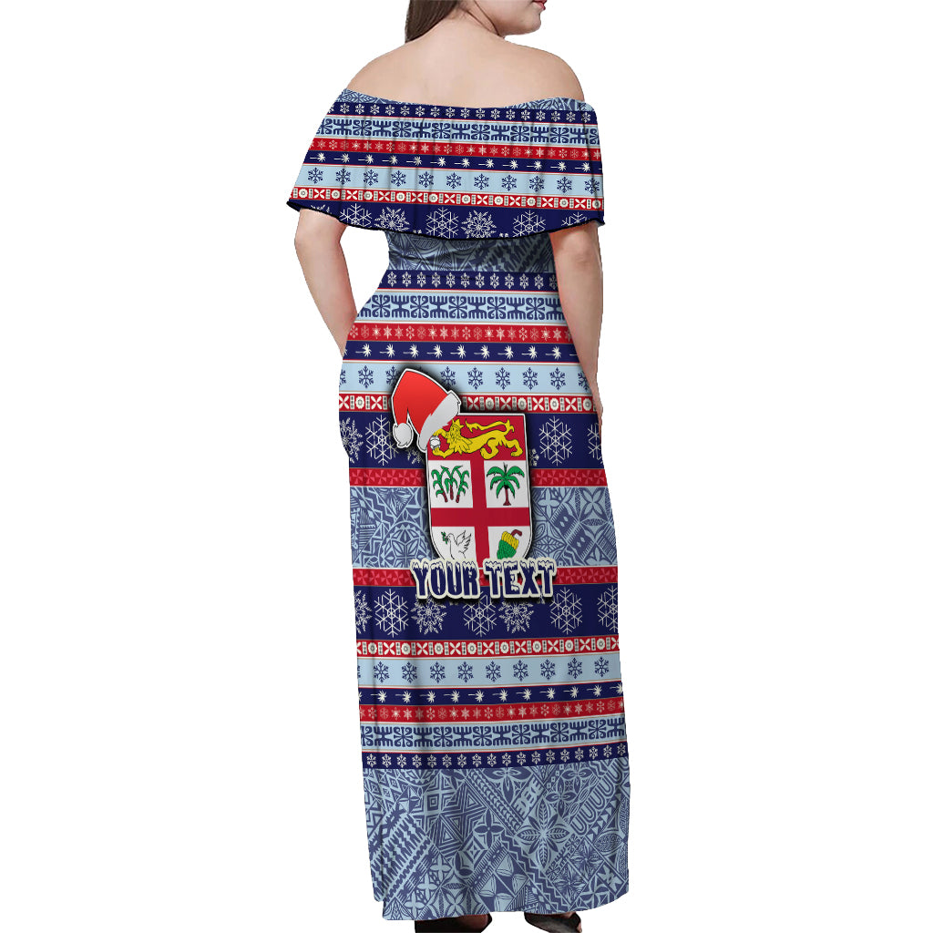 Custom Fiji Christmas Off Shoulder Maxi Dress Fijian Santa and Coat of Arms Mix Tapa Pattern Striped Style LT03 - Polynesian Pride