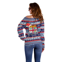 Custom Fiji Christmas Off Shoulder Sweater Fijian Santa and Coat of Arms Mix Tapa Pattern Striped Style LT03 - Polynesian Pride