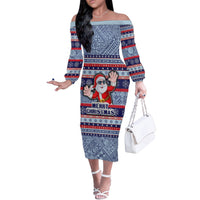 Custom Fiji Christmas Off The Shoulder Long Sleeve Dress Fijian Santa and Coat of Arms Mix Tapa Pattern Striped Style LT03 Women Blue - Polynesian Pride