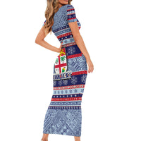 Custom Fiji Christmas Short Sleeve Bodycon Dress Fijian Santa and Coat of Arms Mix Tapa Pattern Striped Style LT03 - Polynesian Pride