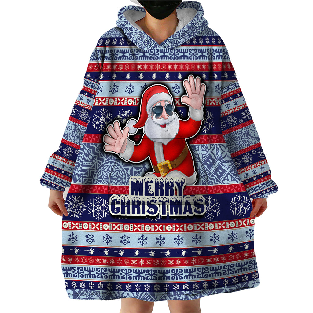 Custom Fiji Christmas Wearable Blanket Hoodie Fijian Santa and Coat of Arms Mix Tapa Pattern Striped Style LT03 - Polynesian Pride