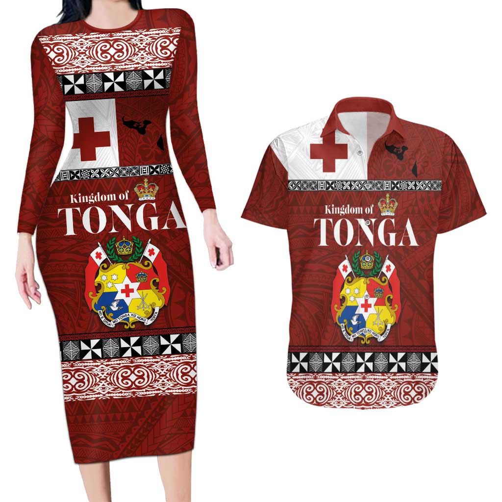 Tongan Culture Couples Matching Long Sleeve Bodycon Dress and Hawaiian Shirt Ngatu Art Tattoo and Emblem of Tonga LT03 Red - Polynesian Pride