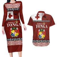 Tongan Culture Couples Matching Long Sleeve Bodycon Dress and Hawaiian Shirt Ngatu Art Tattoo and Emblem of Tonga LT03 Red - Polynesian Pride