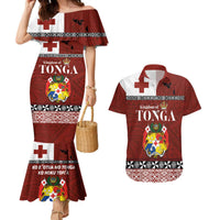 Tongan Culture Couples Matching Mermaid Dress and Hawaiian Shirt Ngatu Art Tattoo and Emblem of Tonga LT03 Red - Polynesian Pride