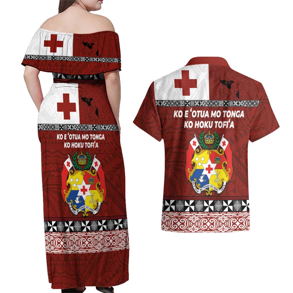 Tongan Culture Couples Matching Off Shoulder Maxi Dress and Hawaiian Shirt Ngatu Art Tattoo and Emblem of Tonga LT03 - Polynesian Pride