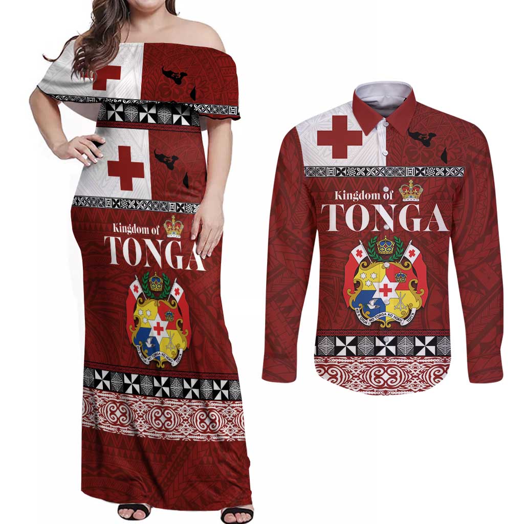 Tongan Culture Couples Matching Off Shoulder Maxi Dress and Long Sleeve Button Shirt Ngatu Art Tattoo and Emblem of Tonga LT03 Red - Polynesian Pride