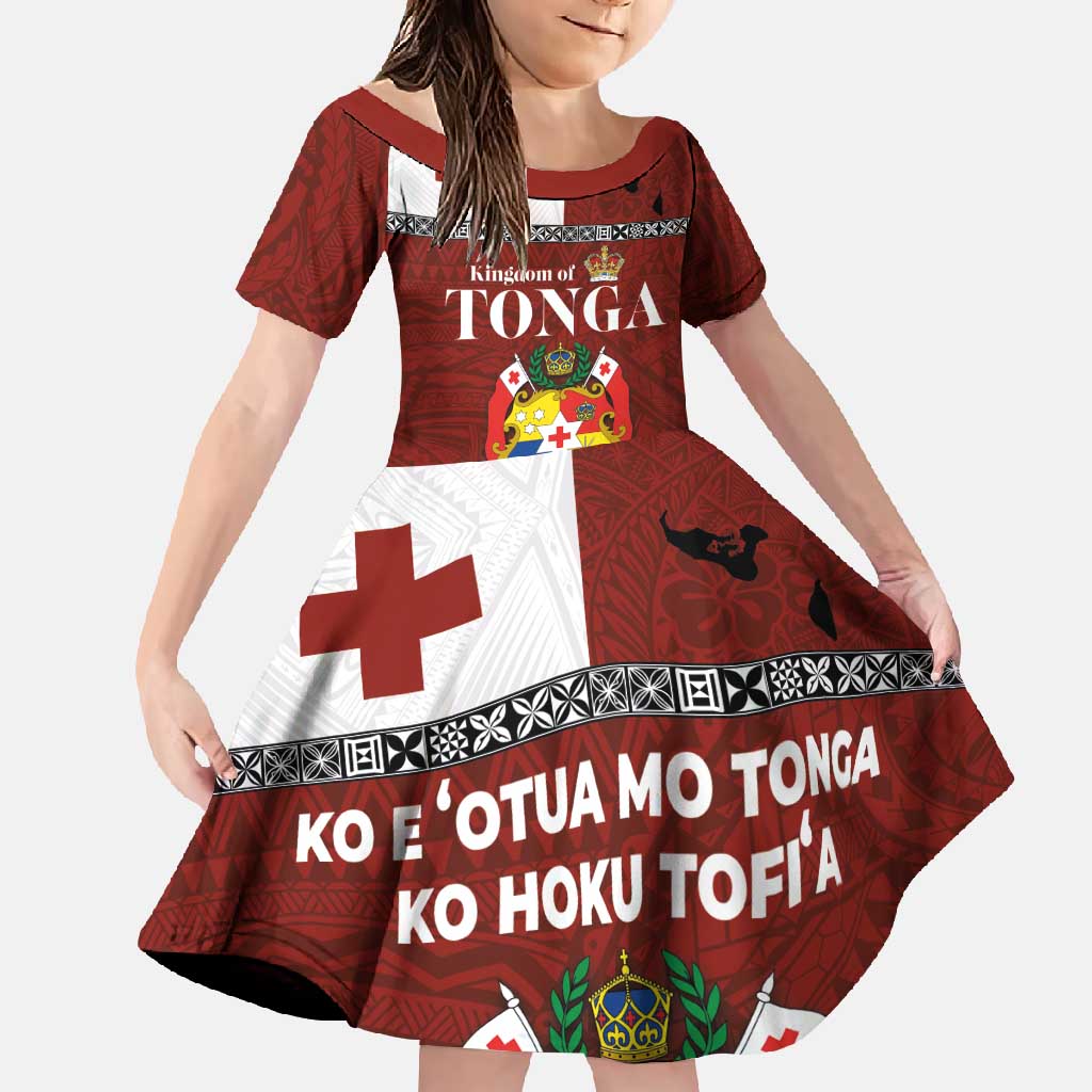 Tongan Culture Family Matching Off Shoulder Maxi Dress and Hawaiian Shirt Ngatu Art Tattoo and Emblem of Tonga LT03 Daughter's Dress Red - Polynesian Pride