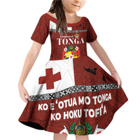Tongan Culture Family Matching Off Shoulder Short Dress and Hawaiian Shirt Ngatu Art Tattoo and Emblem of Tonga LT03 Daughter's Dress Red - Polynesian Pride