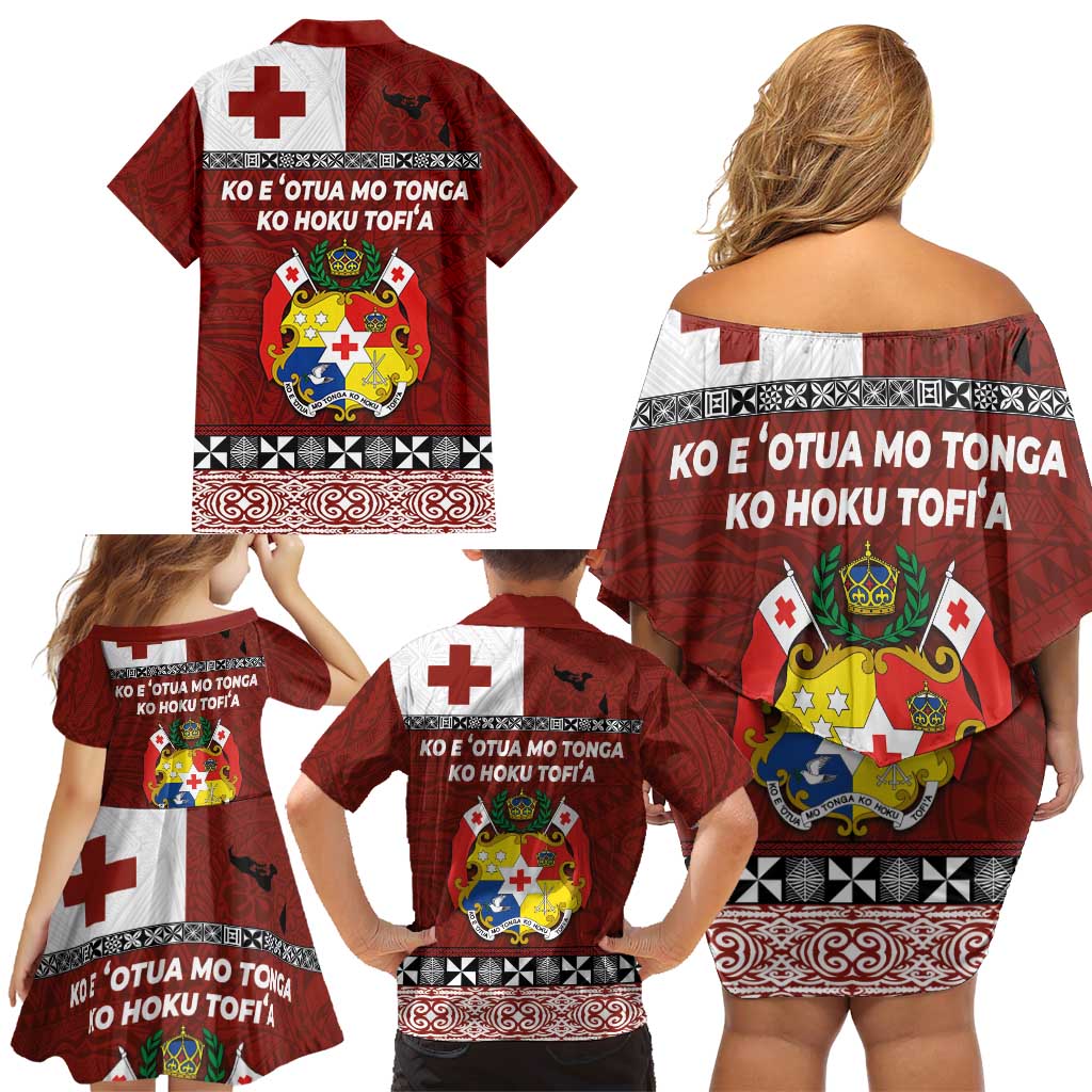 Tongan Culture Family Matching Off Shoulder Short Dress and Hawaiian Shirt Ngatu Art Tattoo and Emblem of Tonga LT03 - Polynesian Pride