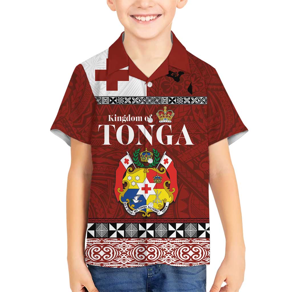 Tongan Culture Family Matching Off Shoulder Short Dress and Hawaiian Shirt Ngatu Art Tattoo and Emblem of Tonga LT03 Son's Shirt Red - Polynesian Pride