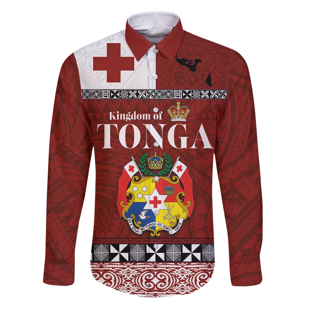 Tongan Culture Family Matching Puletasi and Hawaiian Shirt Ngatu Art Tattoo and Emblem of Tonga LT03 Dad's Shirt - Long Sleeve Red - Polynesian Pride