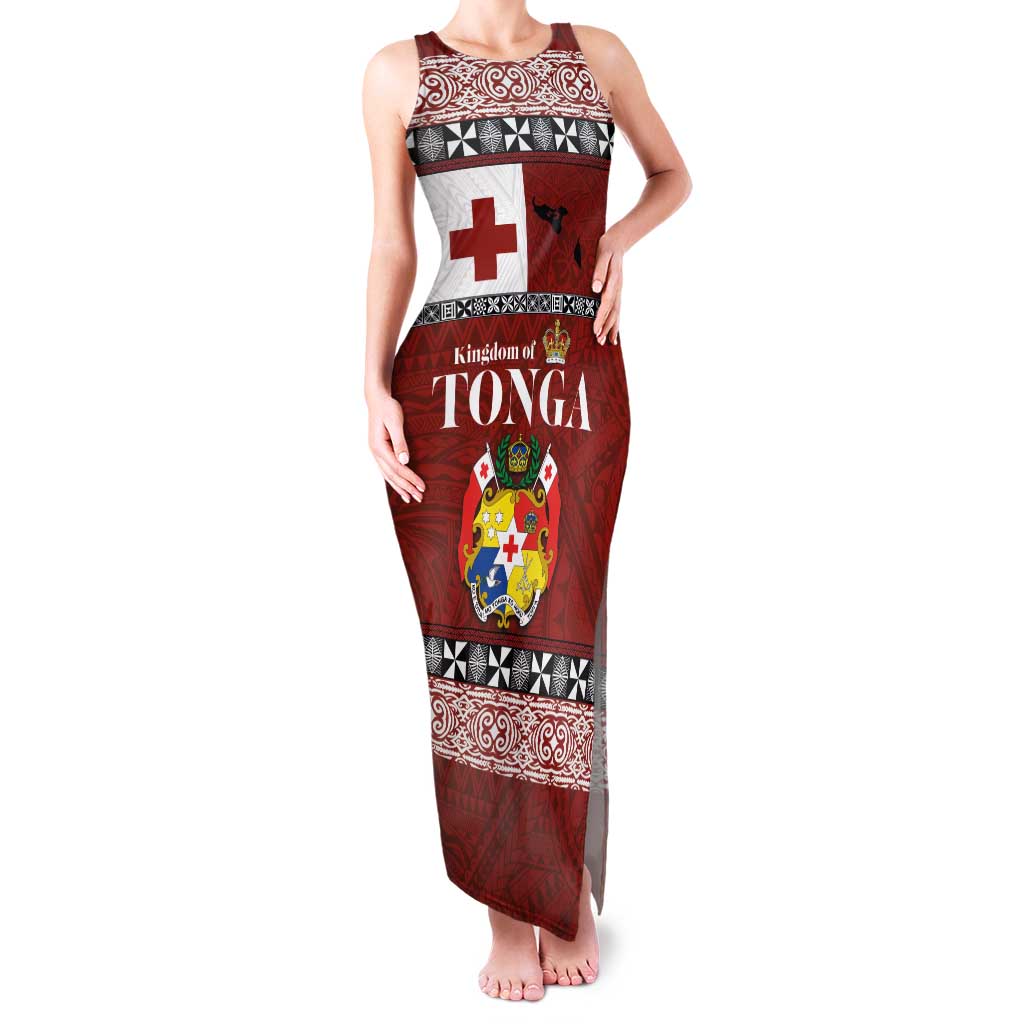 Tongan Culture Family Matching Tank Maxi Dress and Hawaiian Shirt Ngatu Art Tattoo and Emblem of Tonga LT03 Mom's Dress Red - Polynesian Pride