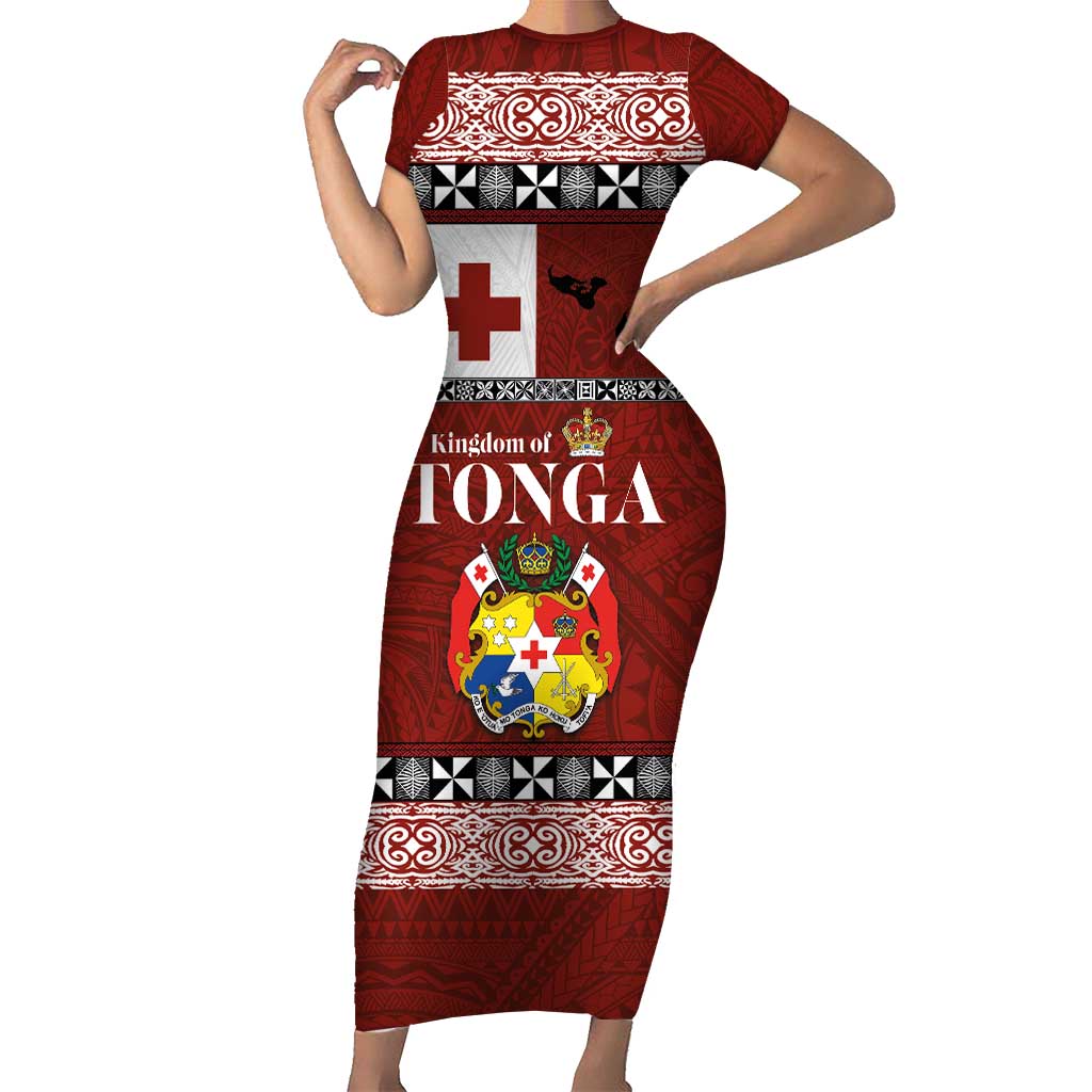 Tongan Culture Short Sleeve Bodycon Dress Ngatu Art Tattoo and Emblem of Tonga LT03 Long Dress Red - Polynesian Pride