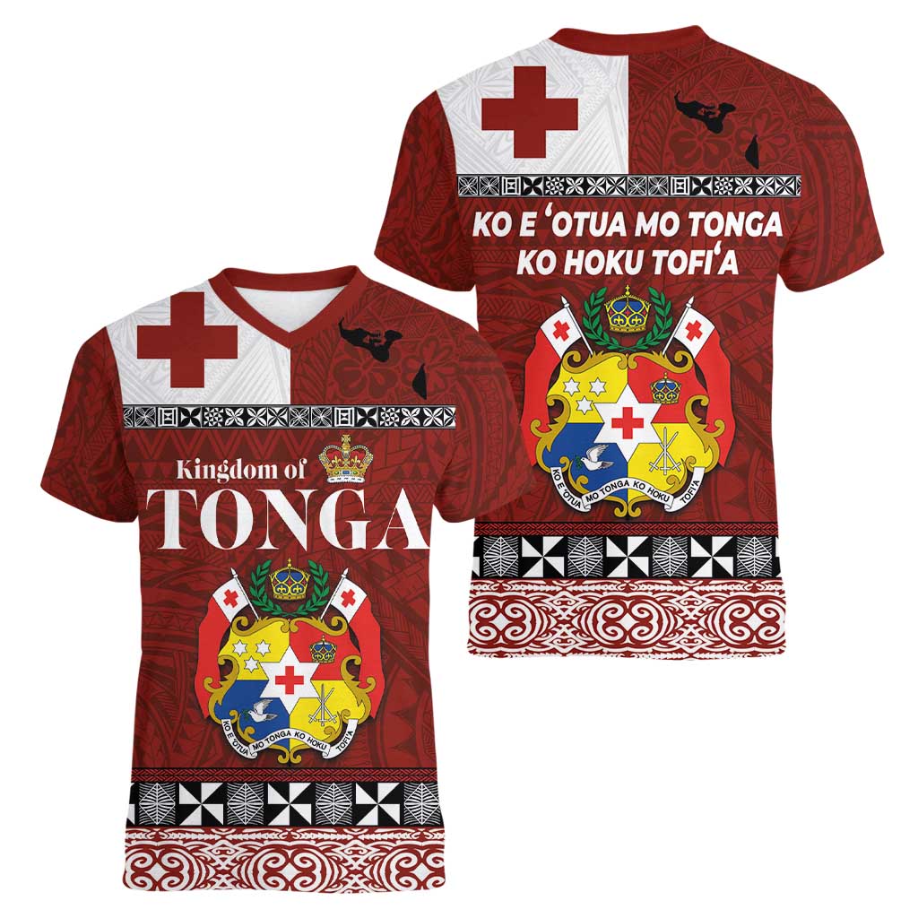 Tongan Culture Women V-Neck T-Shirt Ngatu Art Tattoo and Emblem of Tonga