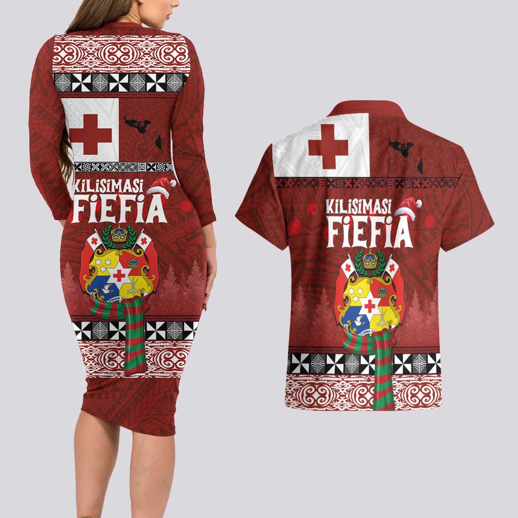 Tongan Christmas Couples Matching Long Sleeve Bodycon Dress and Hawaiian Shirt Kilisimasi Fiefia with Ngatu Art Tattoo LT03 - Polynesian Pride