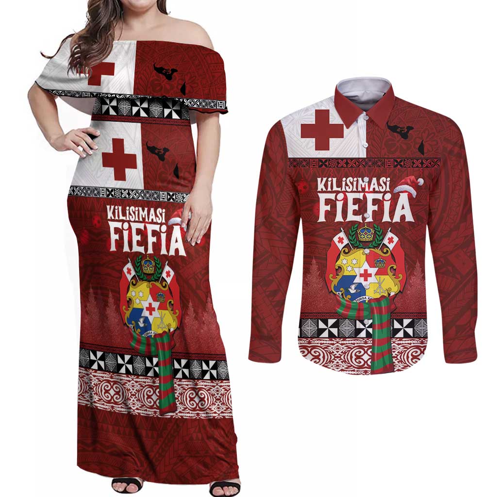Tongan Christmas Couples Matching Off Shoulder Maxi Dress and Long Sleeve Button Shirt Kilisimasi Fiefia with Ngatu Art Tattoo LT03 Red - Polynesian Pride