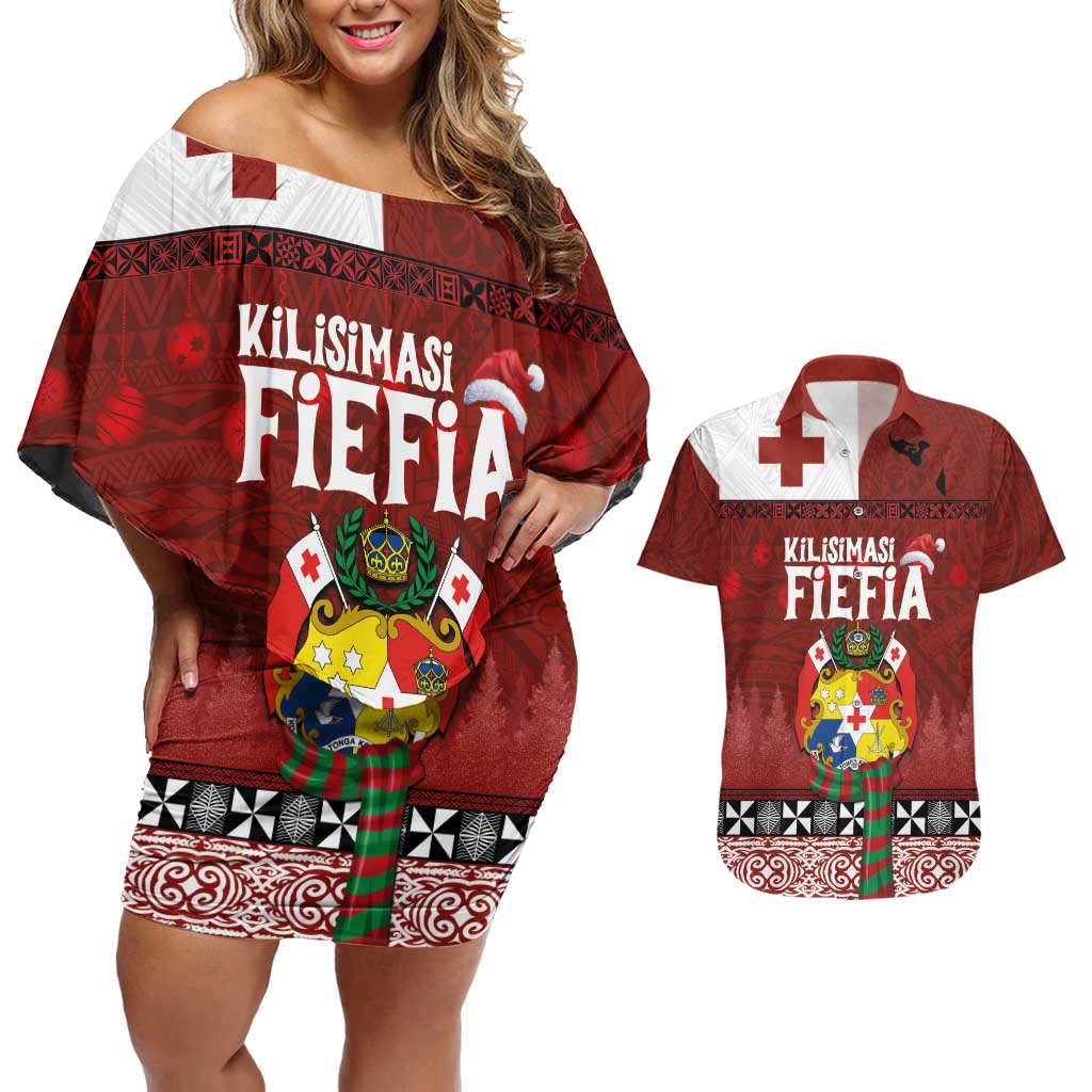 Tongan Christmas Couples Matching Off Shoulder Short Dress and Hawaiian Shirt Kilisimasi Fiefia with Ngatu Art Tattoo LT03 Red - Polynesian Pride