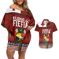 Tongan Christmas Couples Matching Off Shoulder Short Dress and Hawaiian Shirt Kilisimasi Fiefia with Ngatu Art Tattoo LT03 Red - Polynesian Pride
