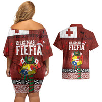 Tongan Christmas Couples Matching Off Shoulder Short Dress and Hawaiian Shirt Kilisimasi Fiefia with Ngatu Art Tattoo LT03 - Polynesian Pride