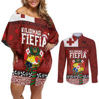 Tongan Christmas Couples Matching Off Shoulder Short Dress and Long Sleeve Button Shirt Kilisimasi Fiefia with Ngatu Art Tattoo LT03 Red - Polynesian Pride
