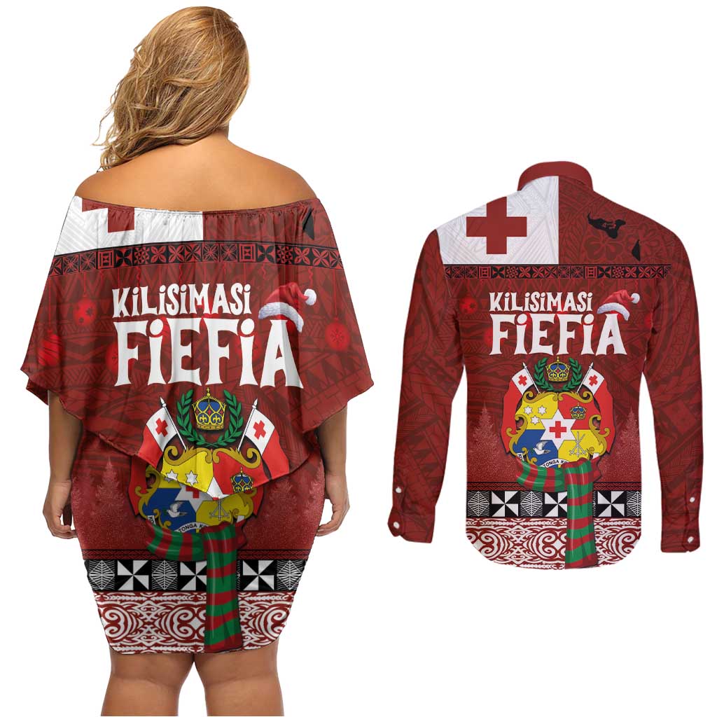 Tongan Christmas Couples Matching Off Shoulder Short Dress and Long Sleeve Button Shirt Kilisimasi Fiefia with Ngatu Art Tattoo LT03 - Polynesian Pride