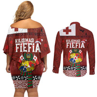 Tongan Christmas Couples Matching Off Shoulder Short Dress and Long Sleeve Button Shirt Kilisimasi Fiefia with Ngatu Art Tattoo LT03 - Polynesian Pride