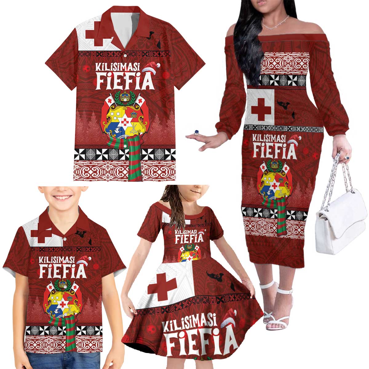 Tongan Christmas Family Matching Off The Shoulder Long Sleeve Dress and Hawaiian Shirt Kilisimasi Fiefia with Ngatu Art Tattoo LT03 - Polynesian Pride