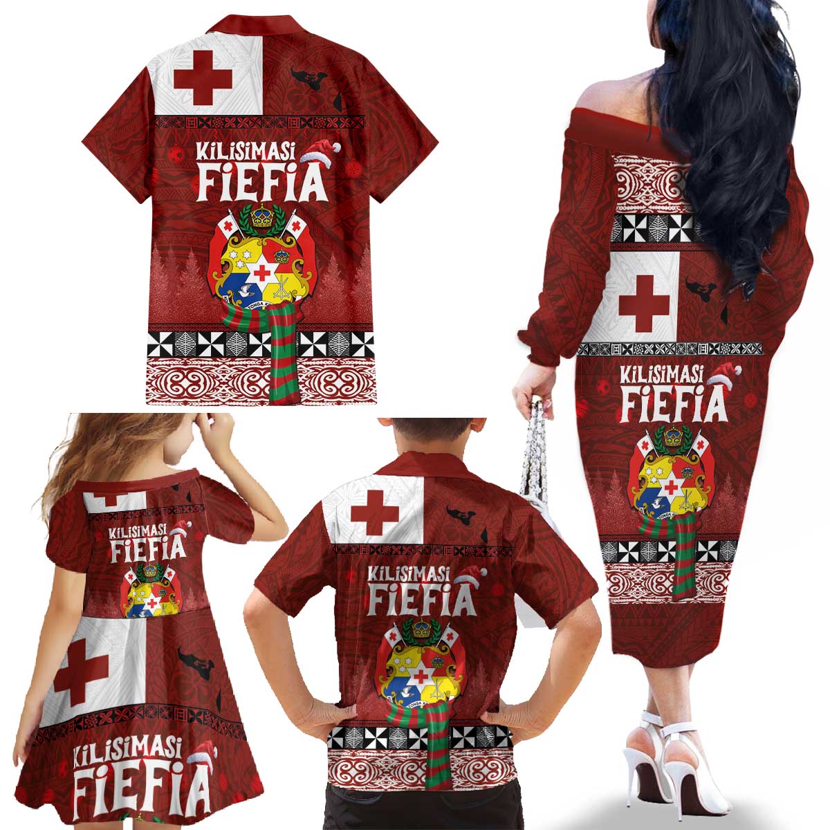 Tongan Christmas Family Matching Off The Shoulder Long Sleeve Dress and Hawaiian Shirt Kilisimasi Fiefia with Ngatu Art Tattoo LT03 - Polynesian Pride