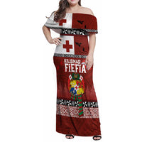 Tongan Christmas Family Matching Off Shoulder Maxi Dress and Hawaiian Shirt Kilisimasi Fiefia with Ngatu Art Tattoo LT03 Mom's Dress Red - Polynesian Pride