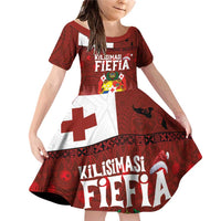 Tongan Christmas Family Matching Off Shoulder Short Dress and Hawaiian Shirt Kilisimasi Fiefia with Ngatu Art Tattoo LT03 Daughter's Dress Red - Polynesian Pride