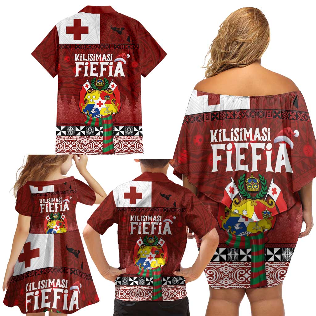 Tongan Christmas Family Matching Off Shoulder Short Dress and Hawaiian Shirt Kilisimasi Fiefia with Ngatu Art Tattoo LT03 - Polynesian Pride
