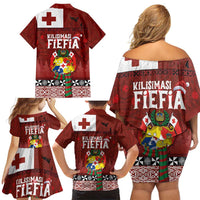Tongan Christmas Family Matching Off Shoulder Short Dress and Hawaiian Shirt Kilisimasi Fiefia with Ngatu Art Tattoo LT03 - Polynesian Pride