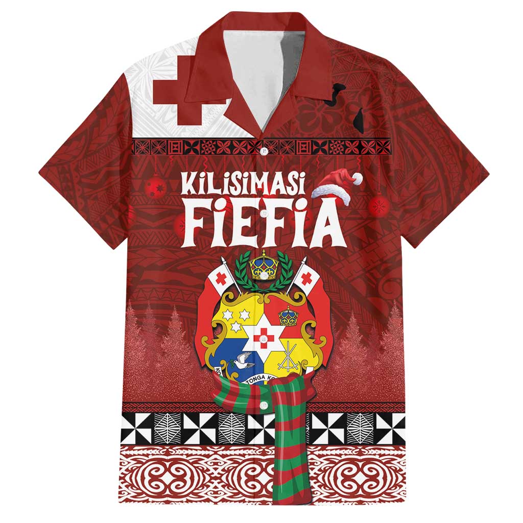 Tongan Christmas Family Matching Off Shoulder Short Dress and Hawaiian Shirt Kilisimasi Fiefia with Ngatu Art Tattoo LT03 Dad's Shirt - Short Sleeve Red - Polynesian Pride
