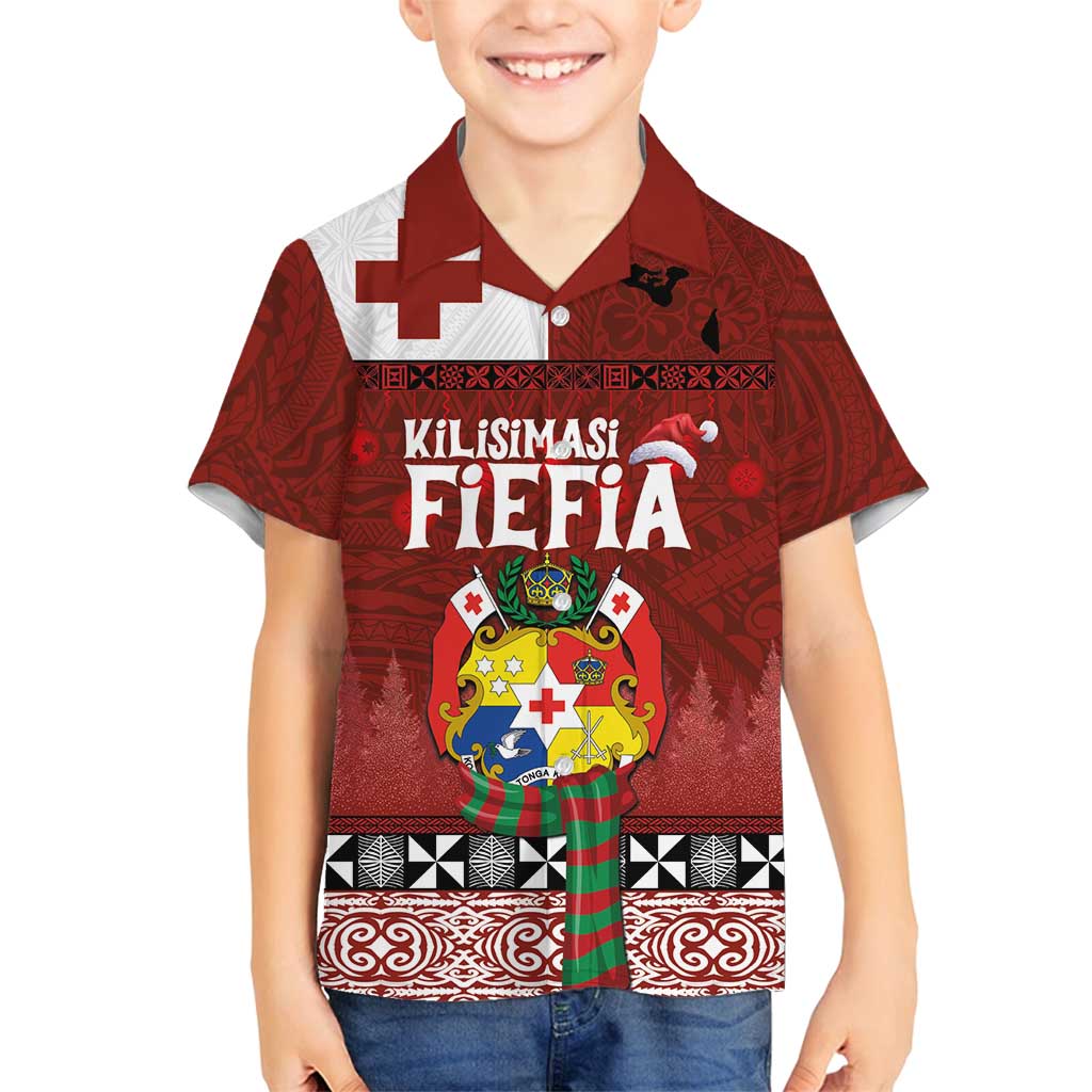 Tongan Christmas Family Matching Puletasi and Hawaiian Shirt Kilisimasi Fiefia with Ngatu Art Tattoo LT03 Son's Shirt Red - Polynesian Pride