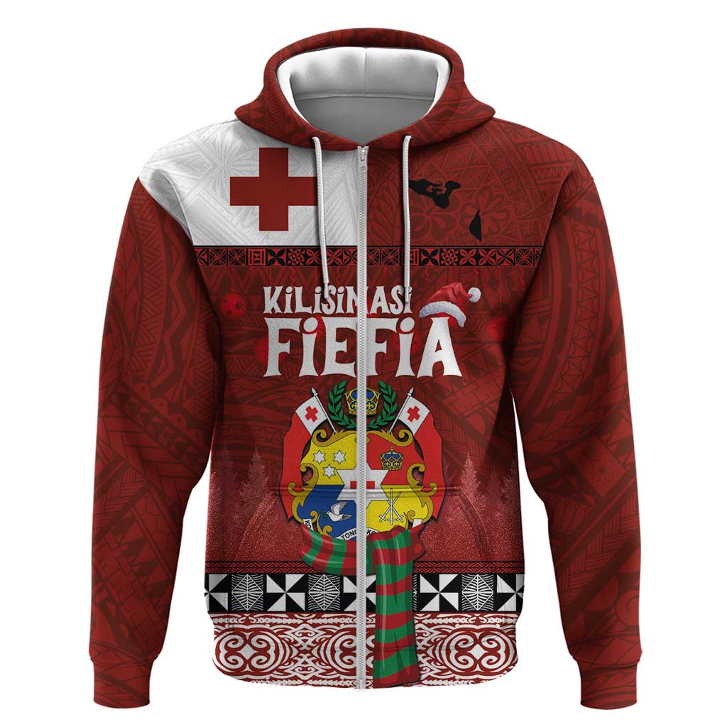 Tongan Christmas Hoodie Kilisimasi Fiefia with Ngatu Art Tattoo LT03 Zip Hoodie Red - Polynesian Pride